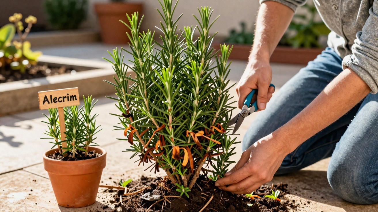 Pessoa poda alecrim com tesoura de jardinagem em área externa ensolarada com vaso ao lado.