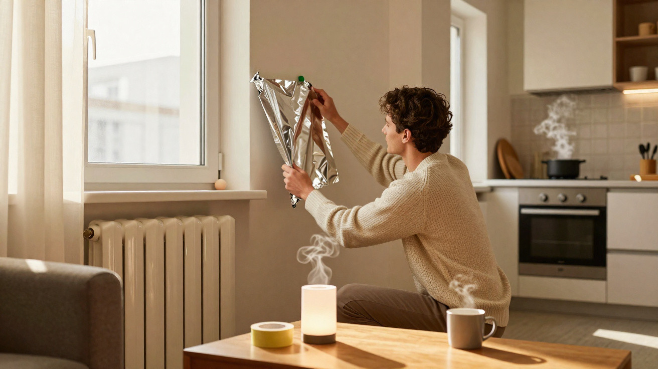 Homem aplicando película refletora na janela para bloquear a luz solar intensa em ambiente acolhedor.