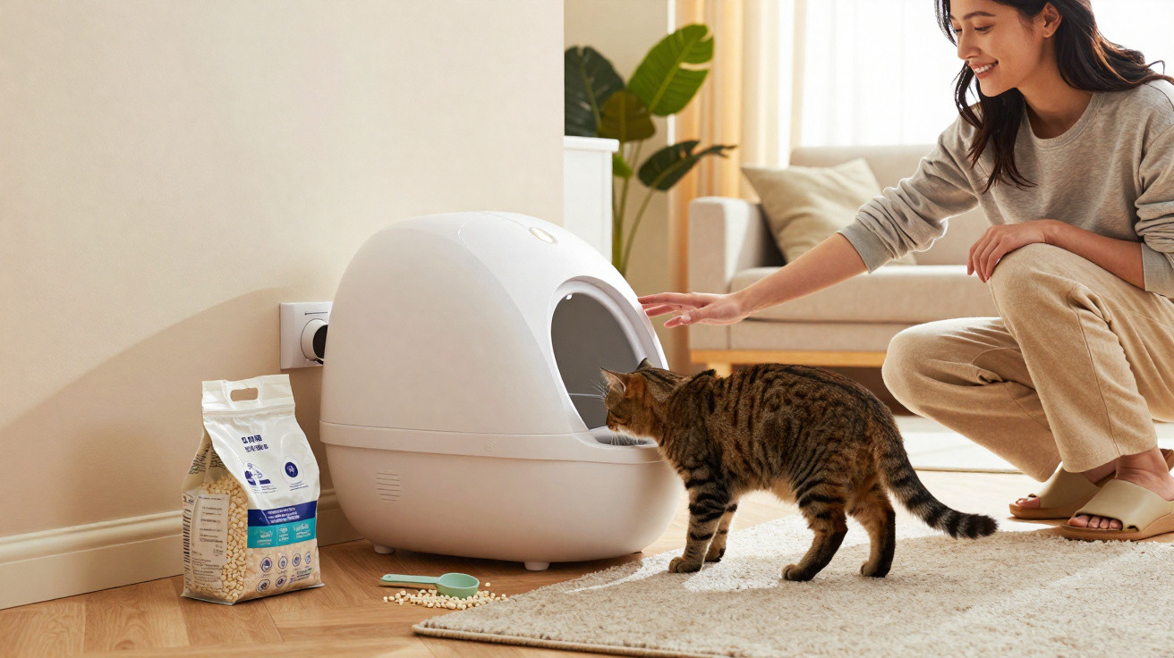 Mulher acariciando gato próximo a caixa de areia automática e saco de areia no chão.