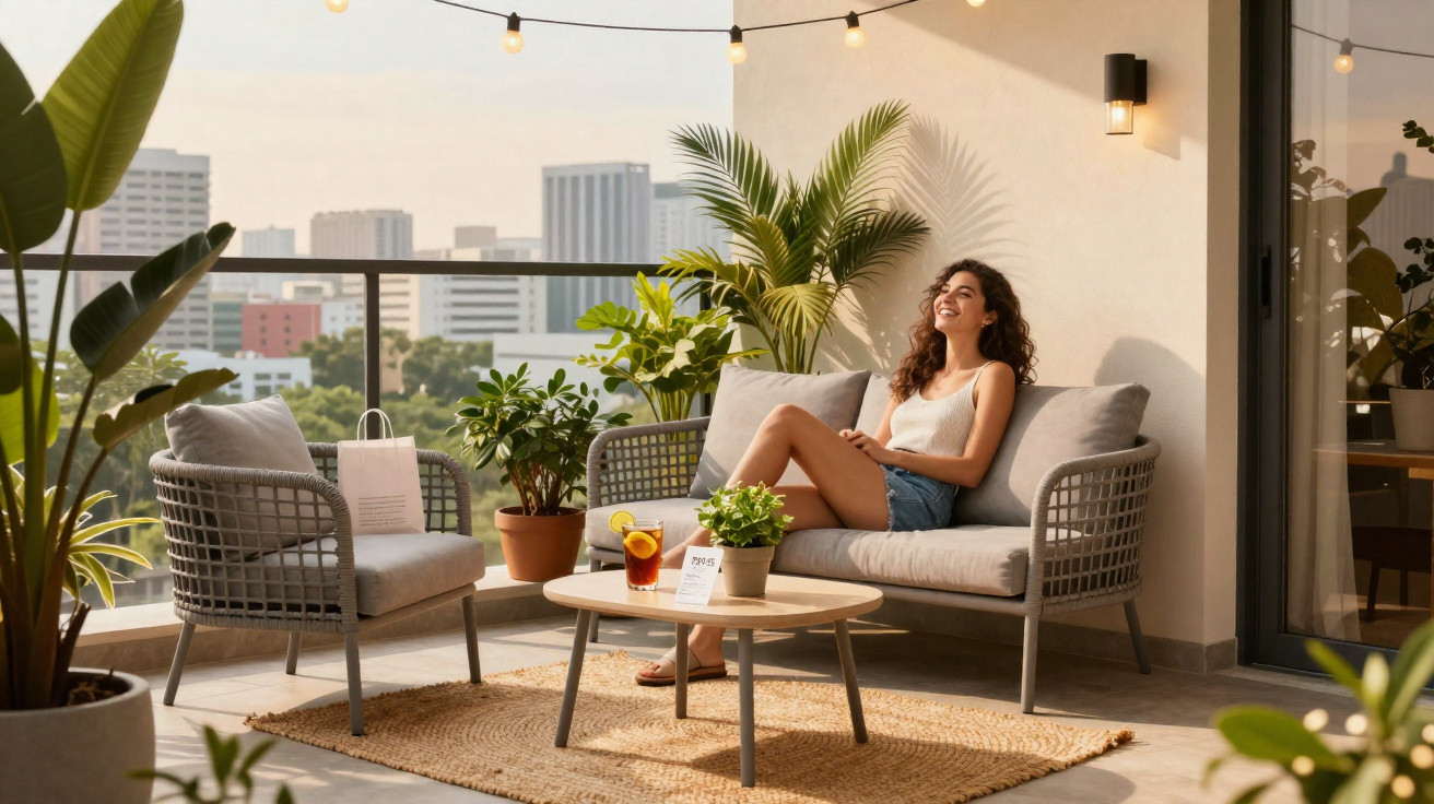 Mulher sorrindo sentada em sofá na varanda com plantas e vista para prédios urbanos ao fundo.