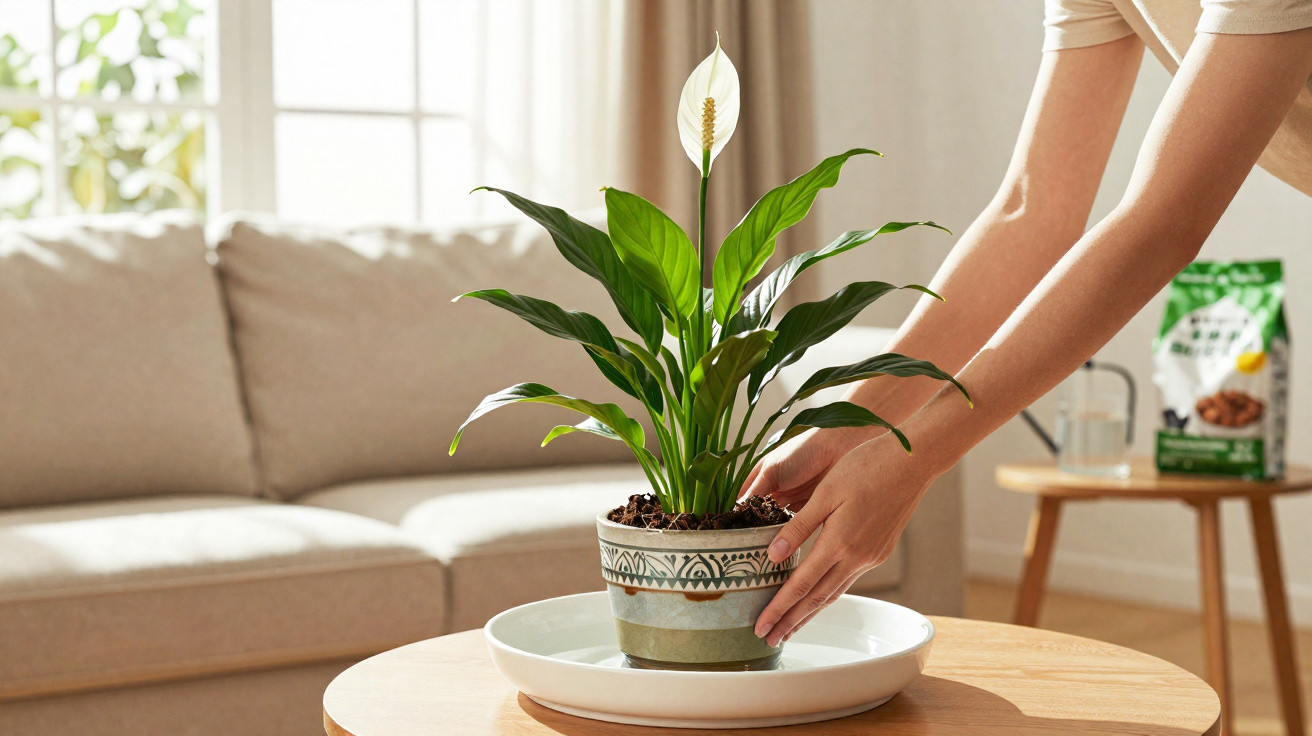 Pessoa cuidando de planta espatifilo em vaso decorativo sobre bandeja em mesa de madeira na sala.