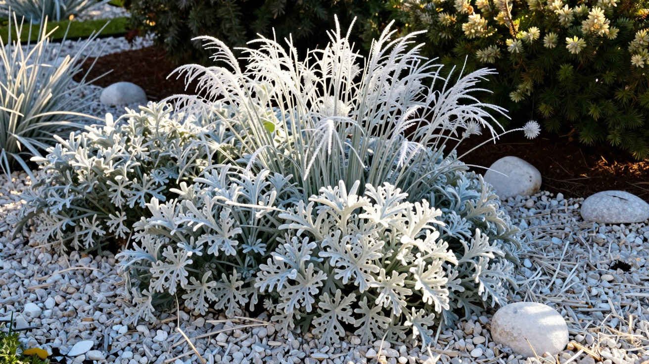 Grama branca e folhagem prateada em jardim com pedras decorativas e arbustos ao fundo.