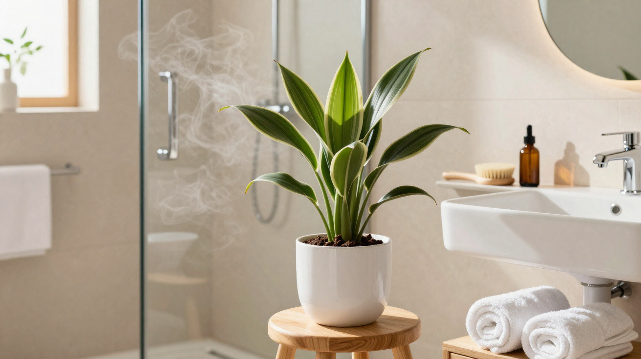 Planta verde em vaso branco sobre banco de madeira em banheiro claro com toalhas e espelho.