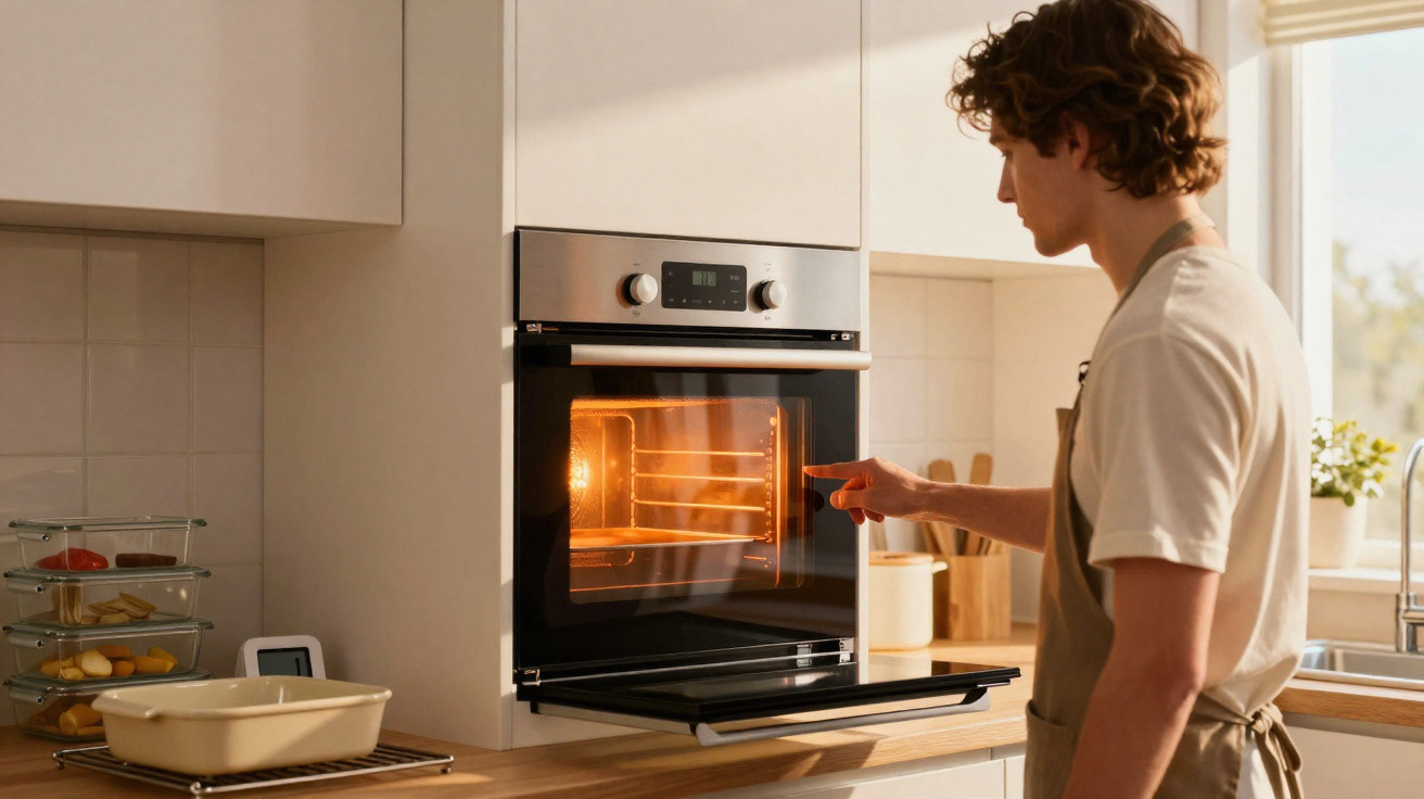 Homem usando avental ajustando forno elétrico embutido em cozinha moderna e iluminada.
