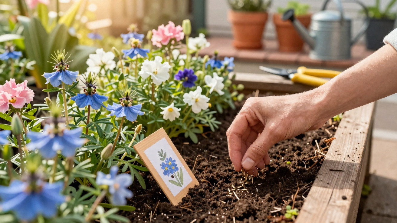 Pessoa plantando sementes em canteiro com flores coloridas e regador ao fundo.