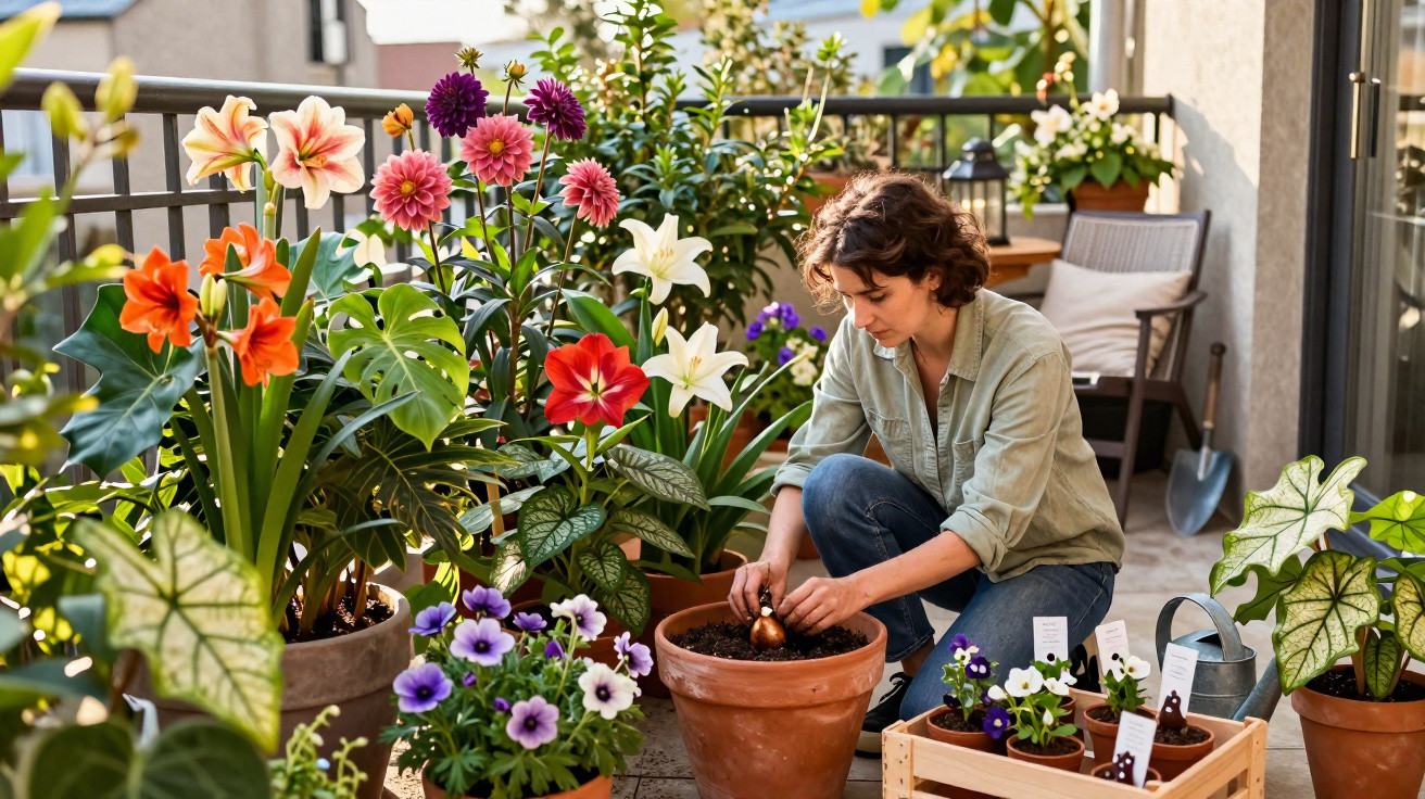 Mulher plantando flores em varanda ensolarada rodeada por vasos coloridos e plantas variadas.