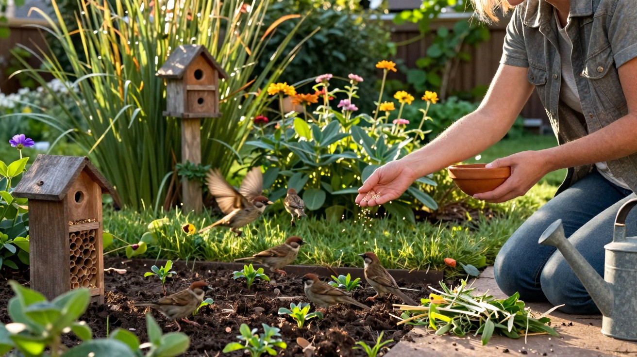 Pessoa alimentando pardais em um jardim com casas de passarinho e flores ao redor.