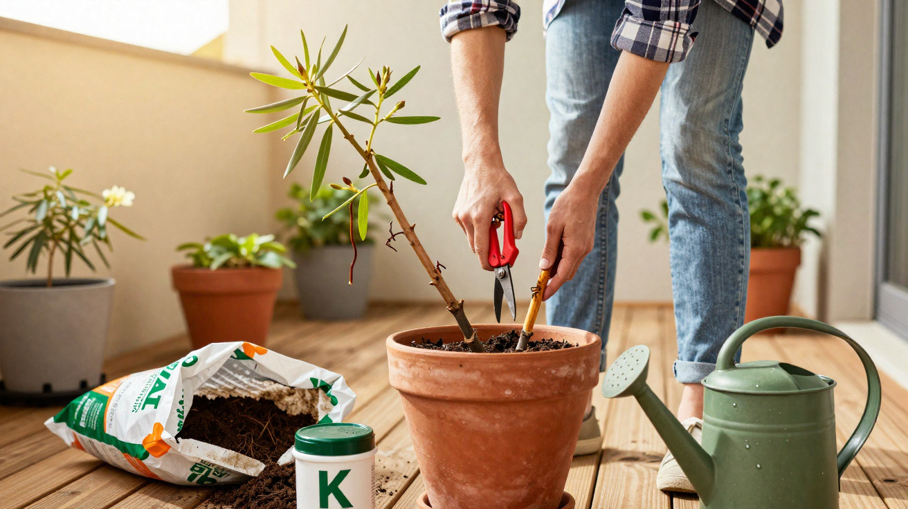 Pessoa cuidando de planta em vaso de barro com regador, terra e fertilizante em sacos.