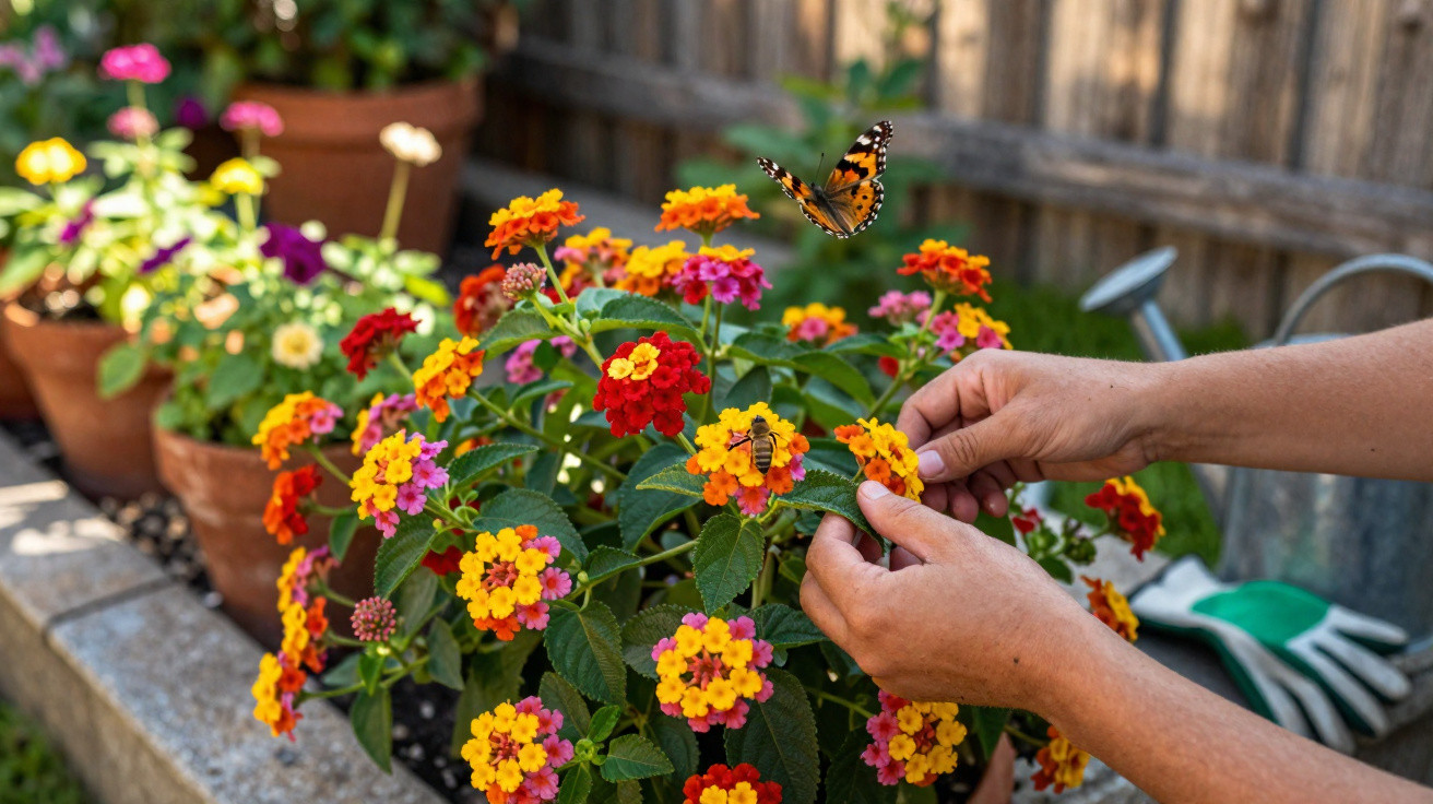 Jardineiro cuidando de flores coloridas com borboleta e abelha em vaso no jardim doméstico.