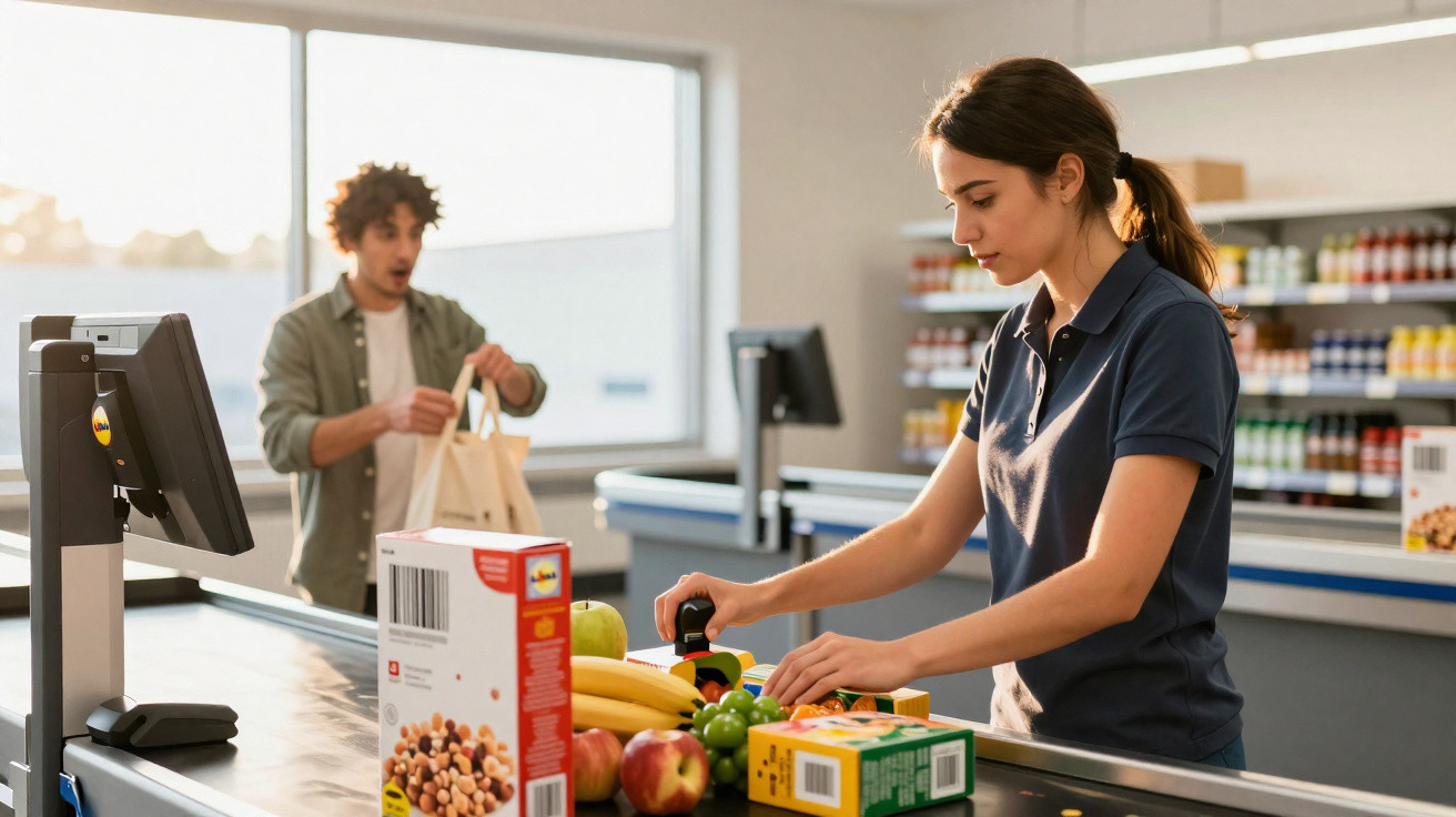 Caixa registradora escaneando produtos enquanto cliente aguarda com sacola em supermercado.