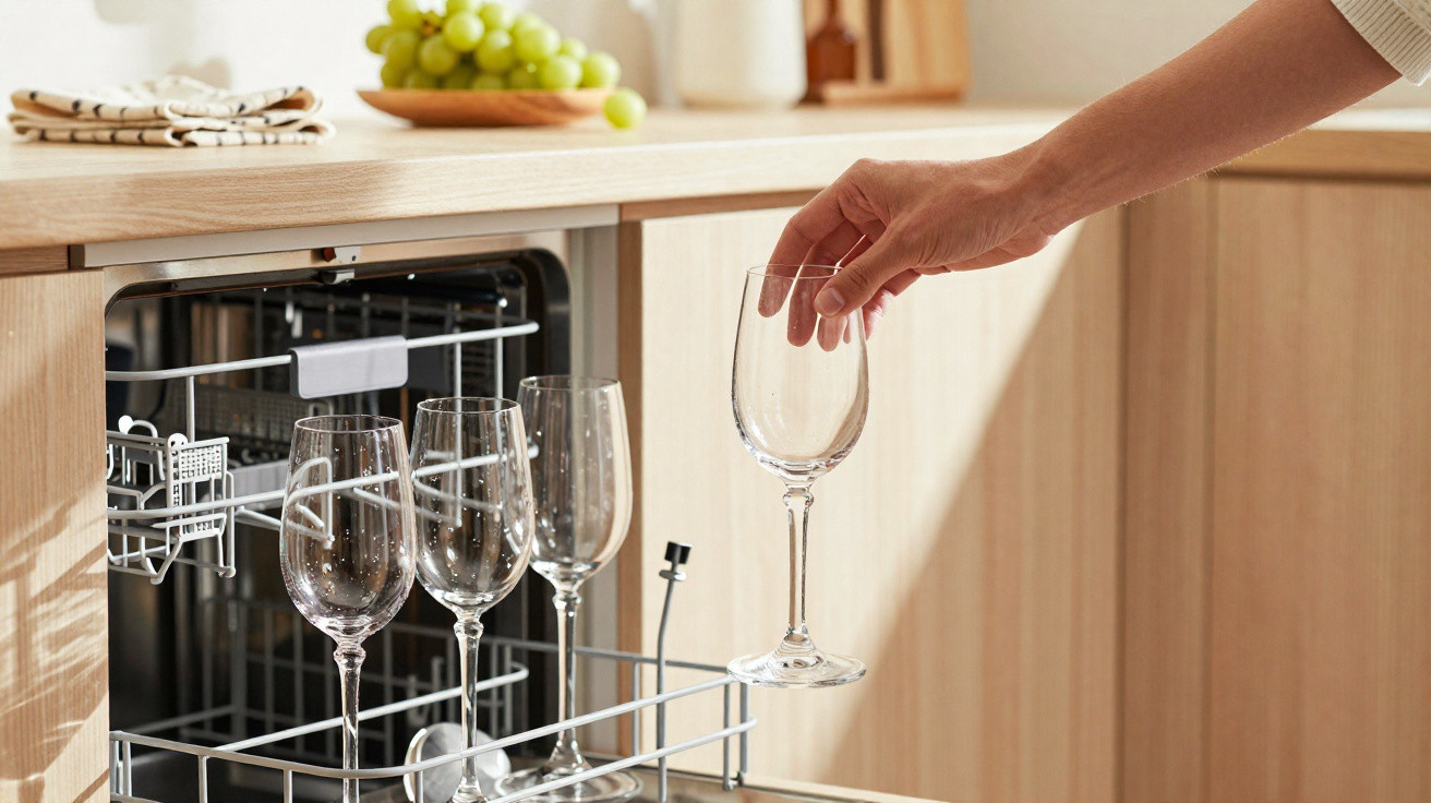 Pessoa pegando taça de vinho limpa da lava-louças em cozinha clara com uvas verdes ao fundo.