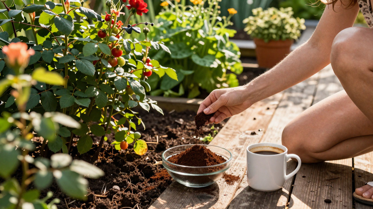 Pessoa regando plantas com borra de café em jardim externo ao lado de uma xícara de café branca.