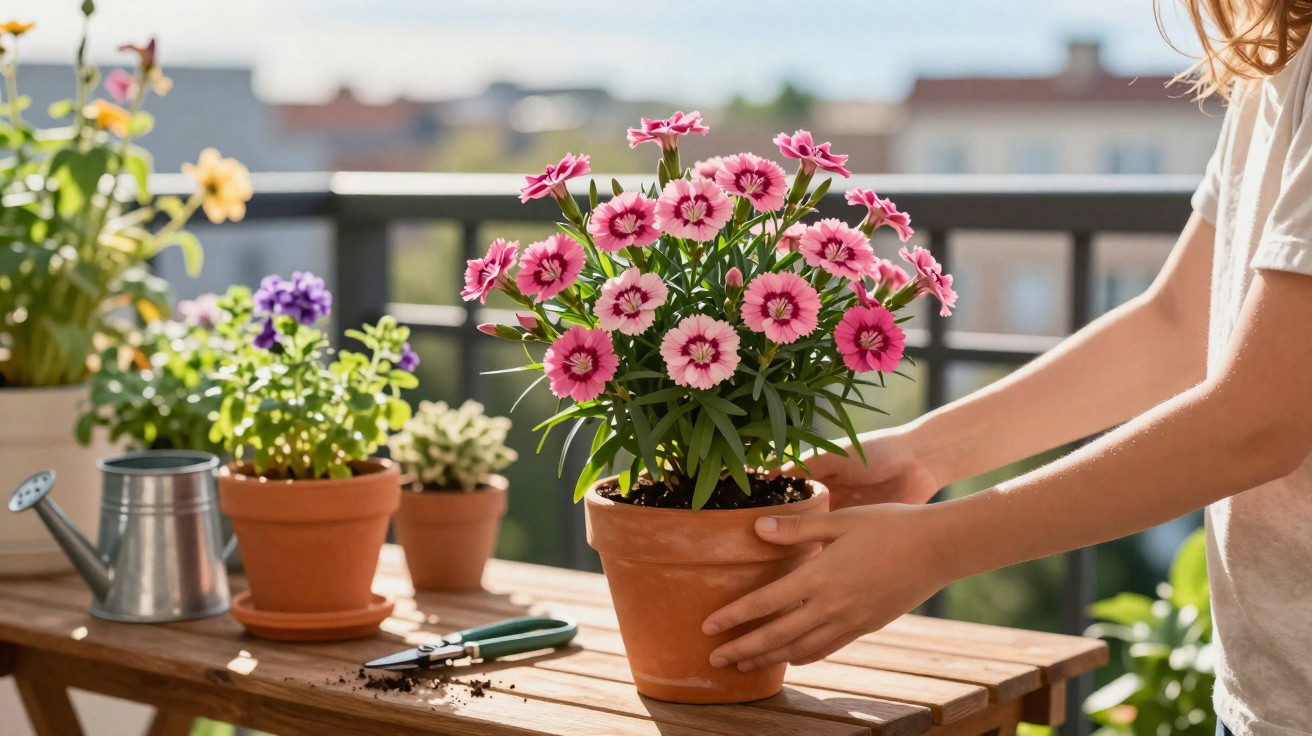 Pessoa cuidando de flores rosa em vaso de barro sobre mesa de madeira em varanda ensolarada.