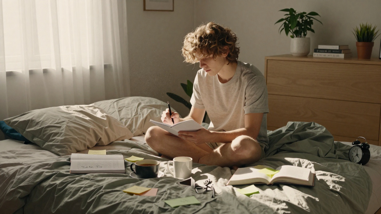 Jovem sentado no chão da cama escrevendo em caderno com livros, canecas e post-its espalhados ao redor.