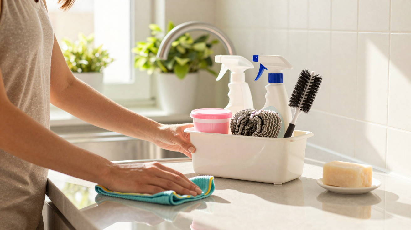 Pessoa limpando balcão de cozinha com pano, ao lado de recipientes e produtos de limpeza organizados.