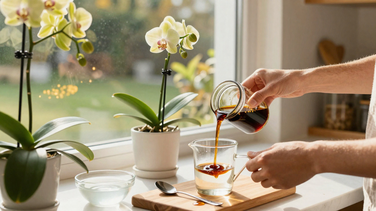 Mãos despejando café em copo transparente perto de orquídeas brancas na janela iluminada pelo sol.
