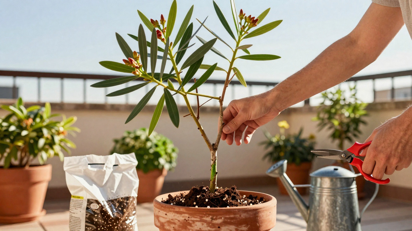 Pessoa cuidando de planta em vaso de barro com tesoura, regador e terra em varanda ensolarada.