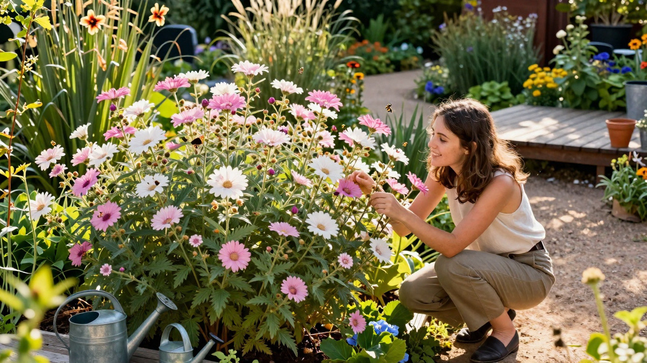 Mulher sorridente cuidando de flores rosas e brancas em jardim ensolarado com regadores ao lado.