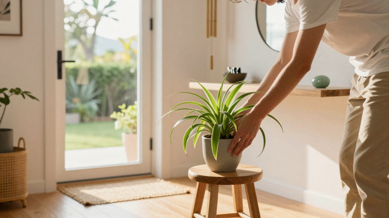 Pessoa organizando planta em vaso cinza sobre banco de madeira em sala iluminada por luz natural.