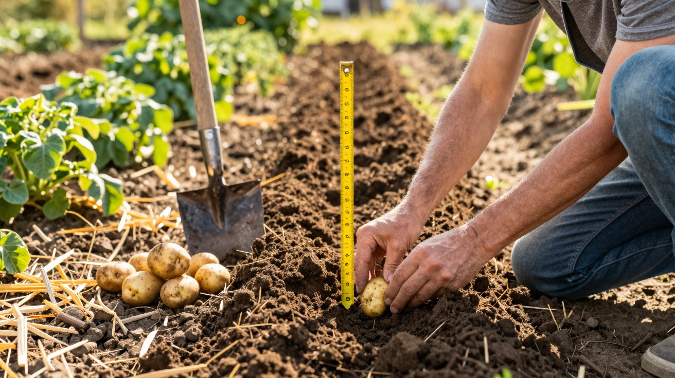 Pessoa medindo o plantio de batatas em uma horta com uma pá e várias batatas no solo.
