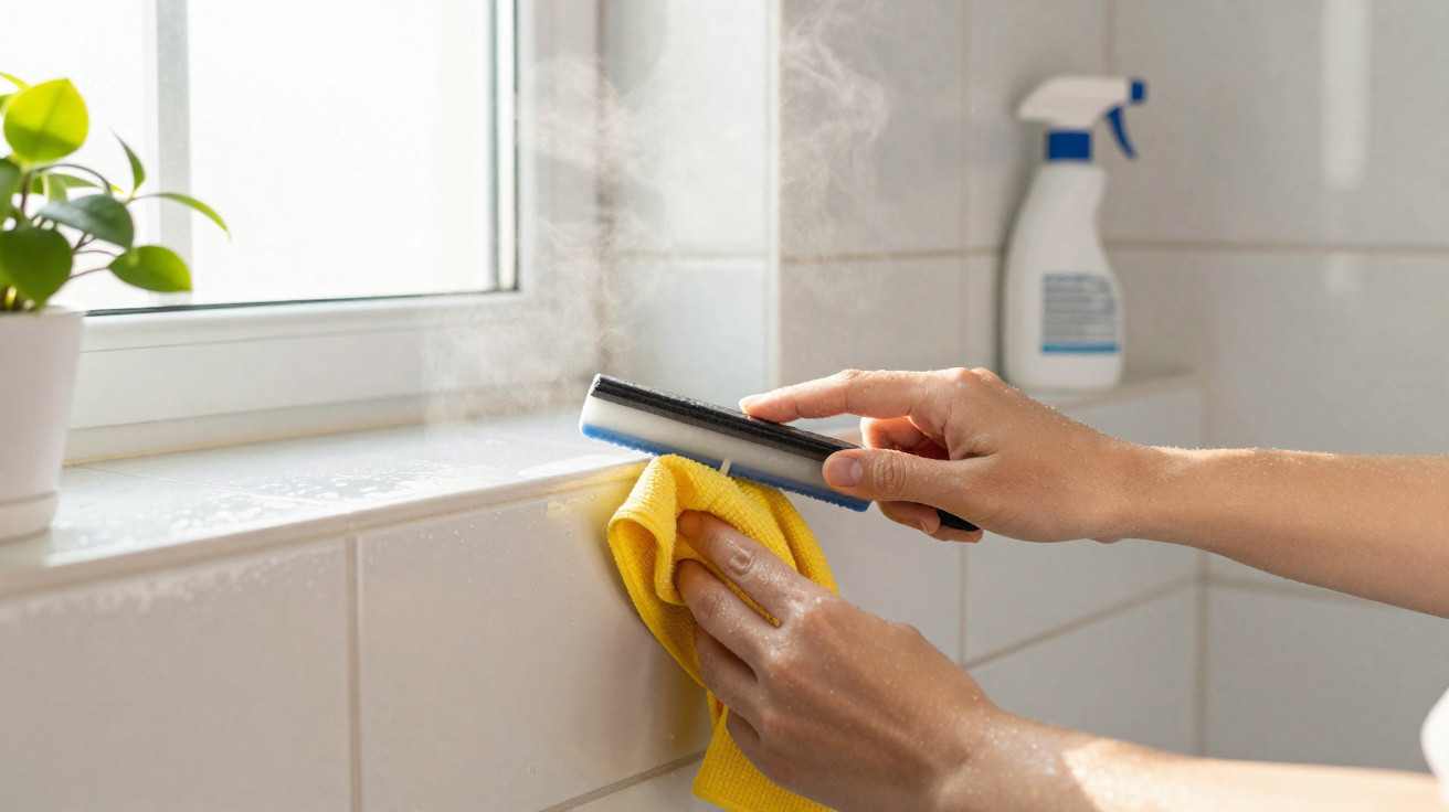 Mãos limpando janela e azulejos brancos com toalha amarela e escova, vapor visível no local.