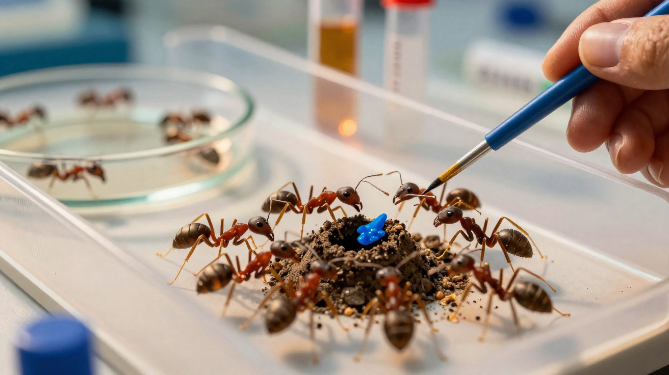 Formiga sendo alimentada com uma pequena ferramenta azul enquanto está em laboratório.