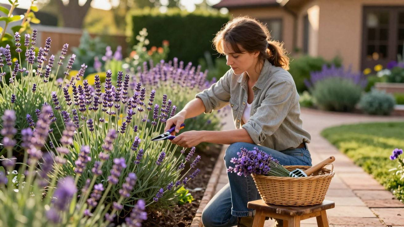 Mulher colhendo flores de lavanda em jardim ao ar livre com cesta e tesoura de poda.