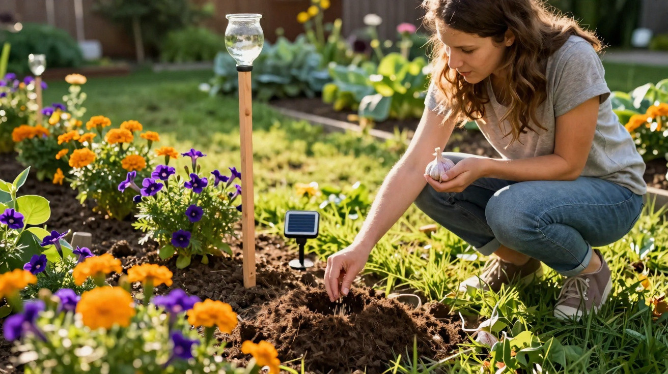 Mulher cuidando do jardim, plantando em canteiro próximo a flores amarelas e roxas sob luz do dia.