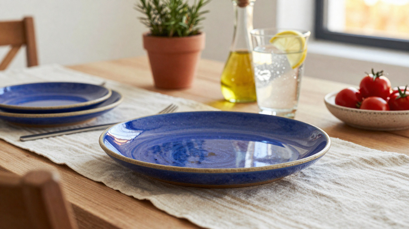 Mesa de madeira com pratos azuis, copo com água e limão, garrafa de azeite, tomate e vaso de planta.