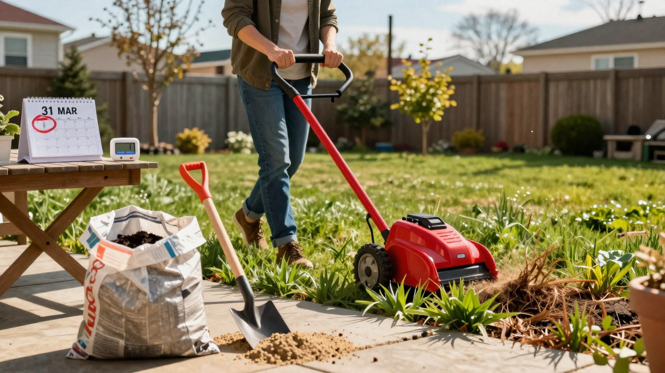 Pessoa usando ferramenta elétrica vermelha para jardinagem em jardim com pá, saco de terra e calendário marcando 31 de março.