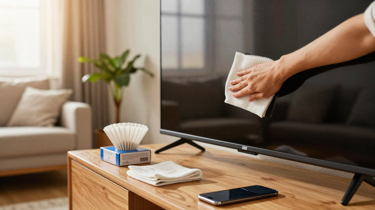 Pessoa limpando a tela da TV com pano em sala de estar moderna com sofá, planta e celular na mesa.