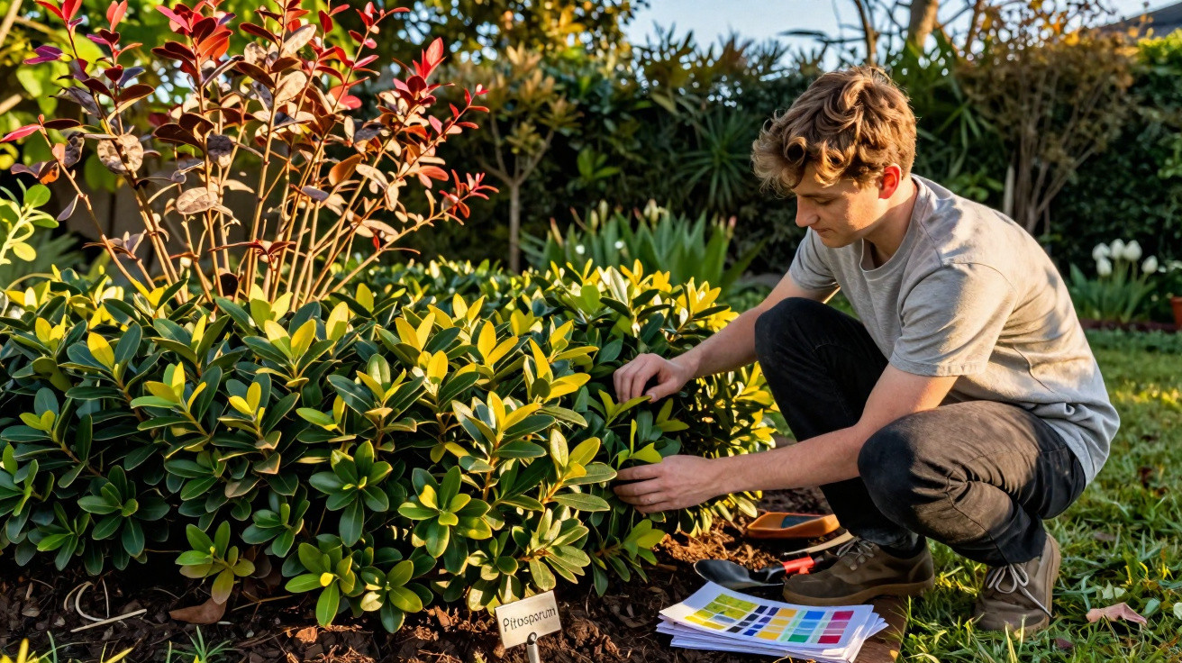 Homem agachado cuidando de plantas em jardim com amostras de cor no chão.