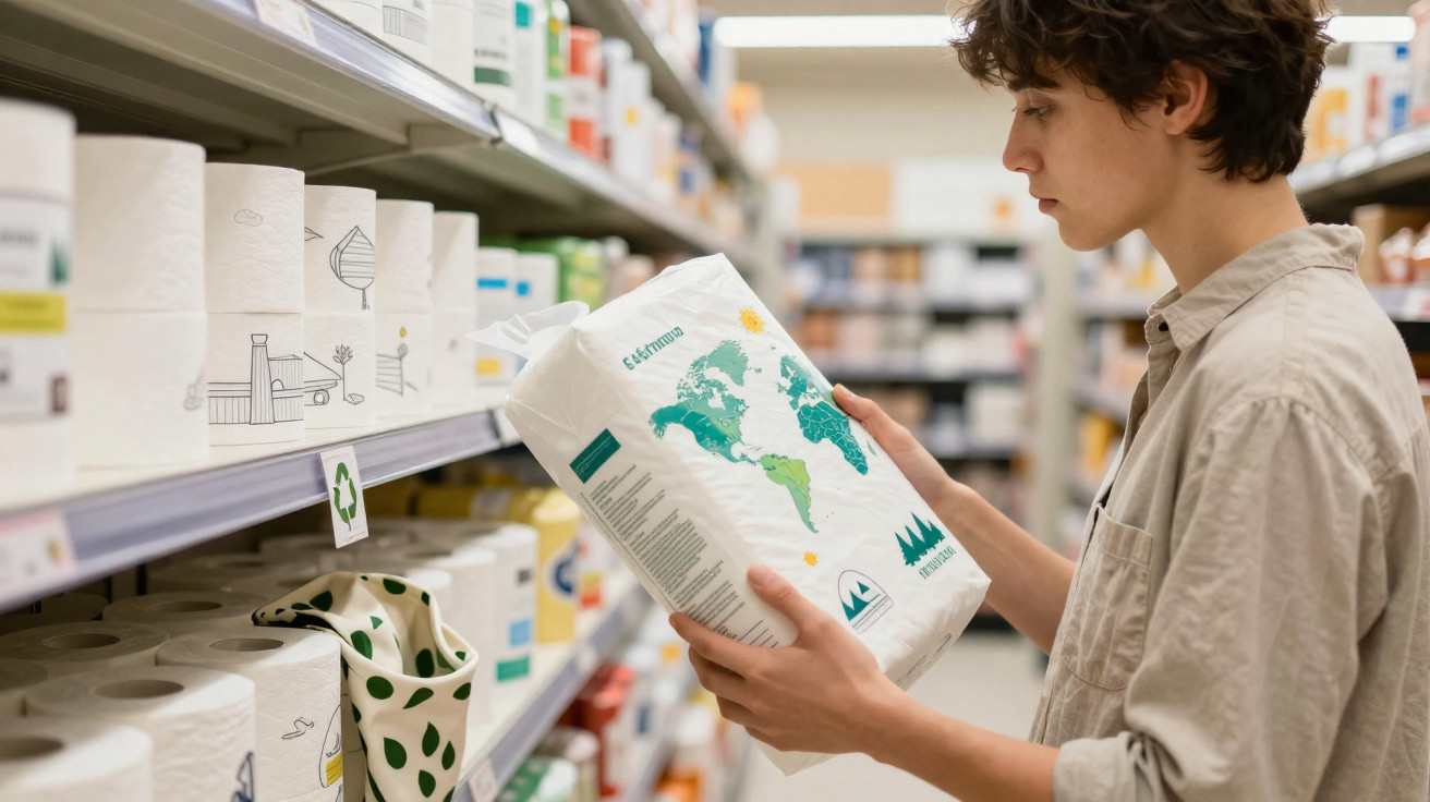 Pessoa jovem segurando pacote de papel higiênico com desenho de mapa-múndi em prateleira de supermercado.