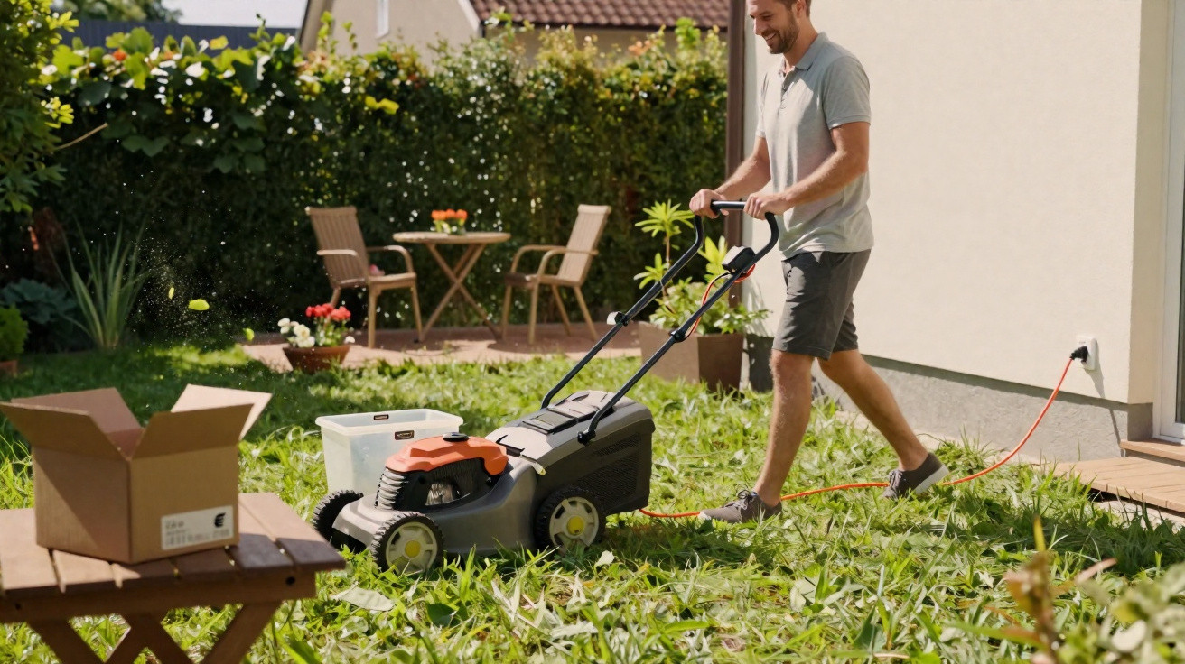 Homem cortando a grama do jardim com cortador elétrico conectado à tomada da casa.