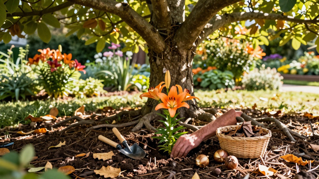 Mão plantando lírio laranja perto da árvore com ferramentas de jardinagem e cesta de folhas secas.