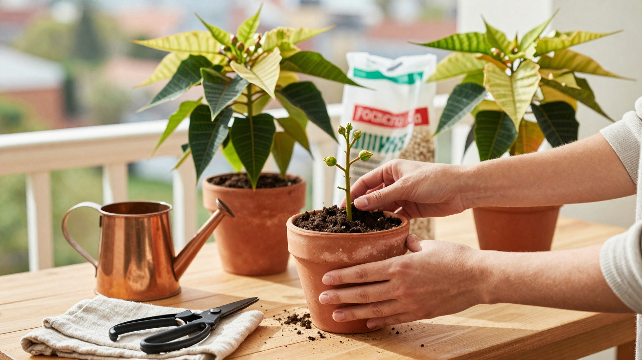 Mãos cuidando de muda em vaso de barro, com regador, tesoura e duas plantas maiores ao fundo.