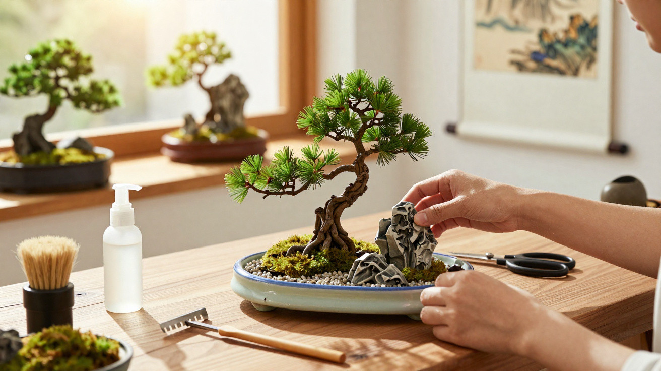 Pessoa cuidando de um bonsai em vaso raso com pedras decorativas sobre mesa de madeira.