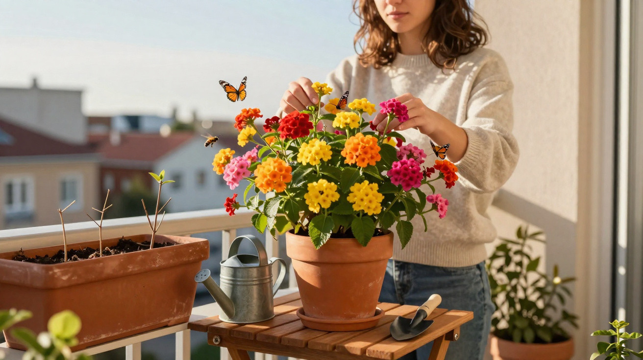 Mulher cuidando de plantas coloridas em varanda ensolarada com borboletas e regador ao lado.