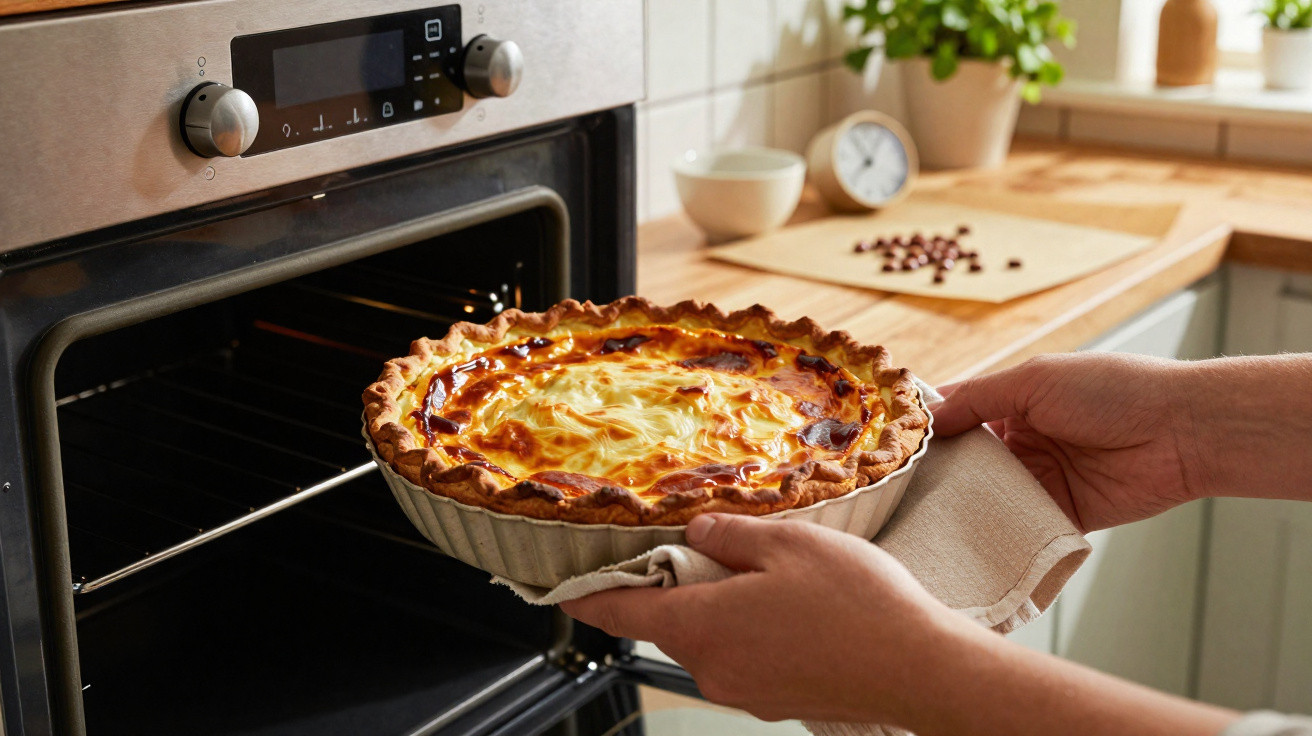 Pessoa retirando torta assada com crosta dourada de forno elétrico em cozinha iluminada natural.