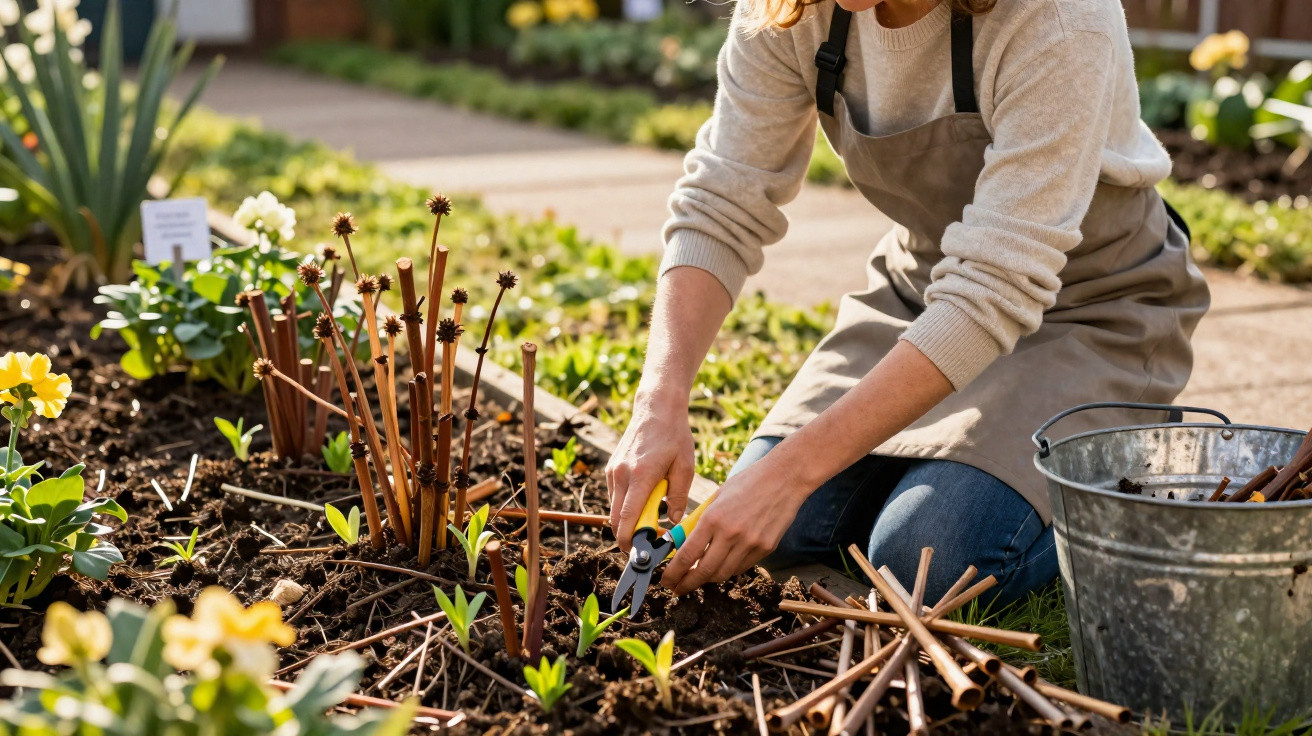 Pessoa podando planta jovem em canteiro de jardim ensolarado usando tesoura de poda.