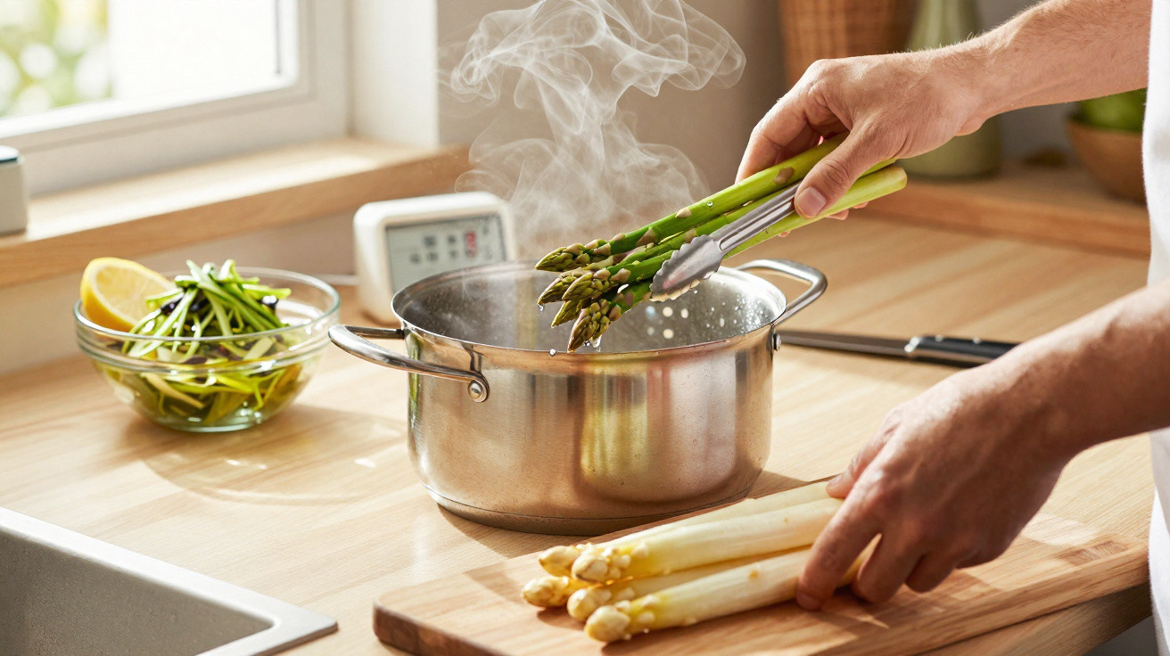 Pessoa cozinhando aspargos verdes e brancos em panela de inox na cozinha iluminada.