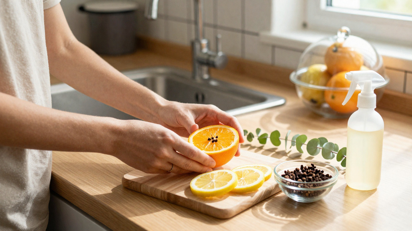 Mãos segurando meia laranja sobre tábua de corte com fatias de limão e cravos na cozinha iluminada.
