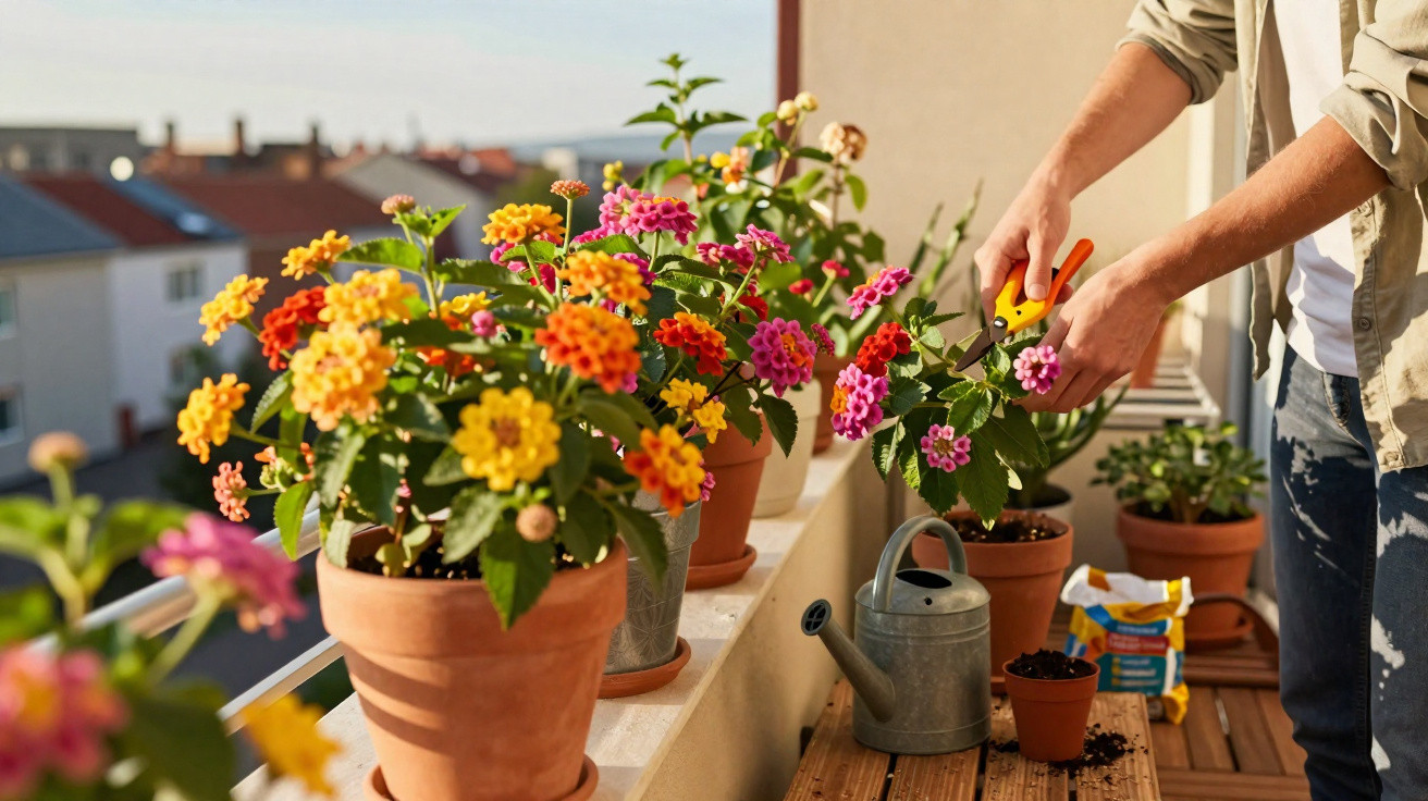 Pessoa podando flores coloridas em vasos de barro em varanda ensolarada com regador e terra.