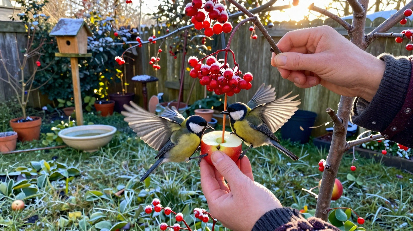 Mãos seguram maçã perfurada enquanto dois pássaros se alimentam em jardim com frutas vermelhas.