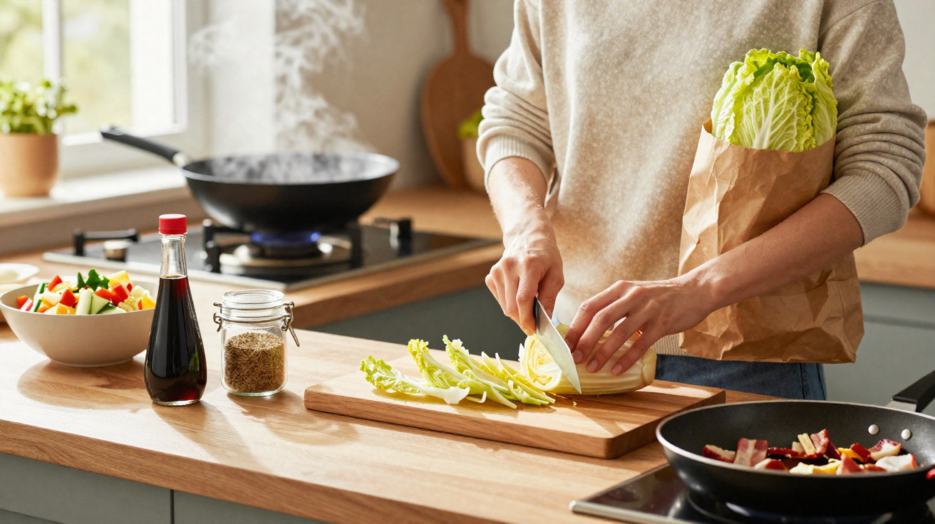 Pessoa cortando acelga na tábua de madeira em cozinha, com legumes, temperos e frigideiras ao redor.