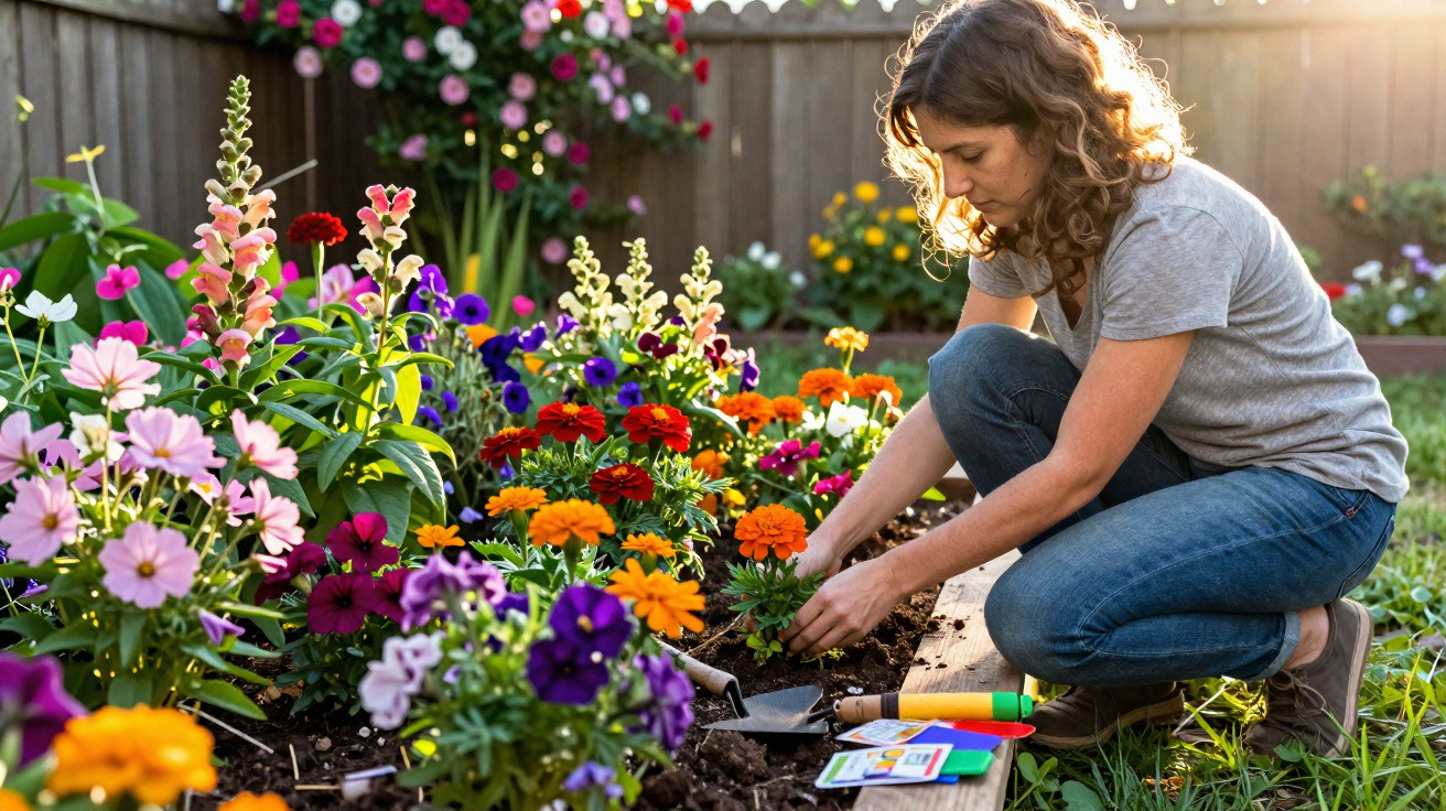 Mulher cuidando de flores coloridas em um jardim ensolarado com ferramentas de jardinagem ao lado.