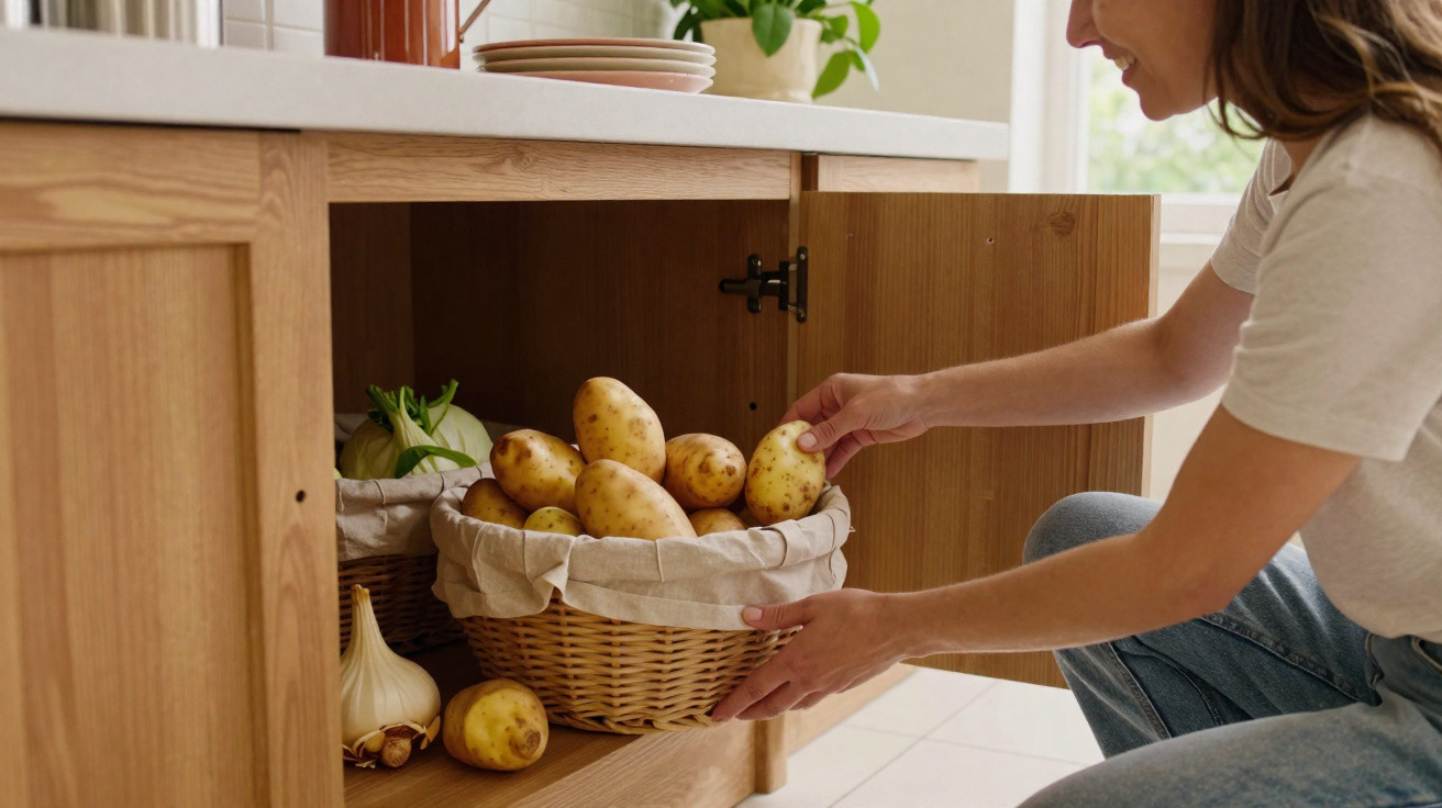 Pessoa organizando cesta com batatas dentro de armário de cozinha de madeira.
