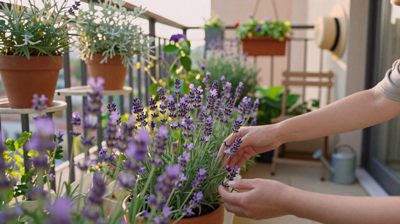 Mãos cuidando de planta de lavanda em varanda com vasos e decoração ao fundo.