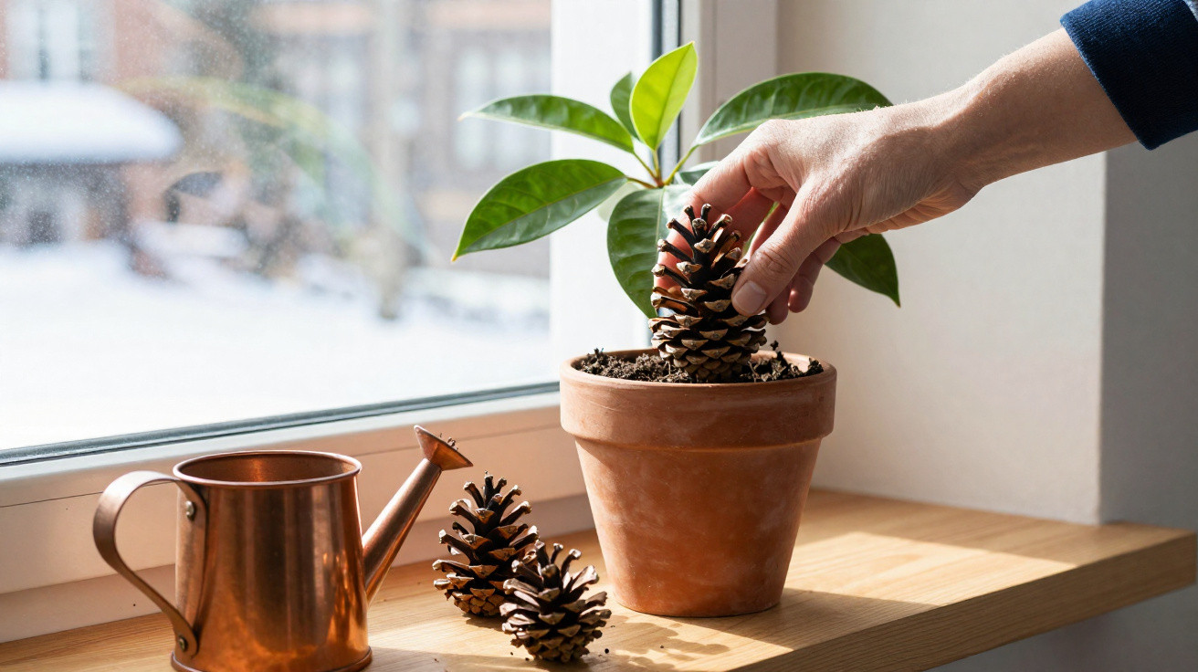 Mão colocando uma pinha em vaso de planta ao lado de regador de cobre em parapeito de janela iluminado.