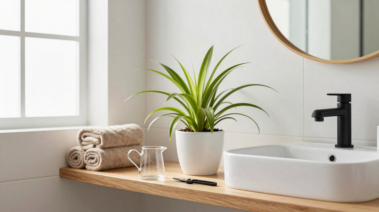 Banheiro com pia branca, torneira preta, planta em vaso branco, toalhas enroladas e jarra transparente.
